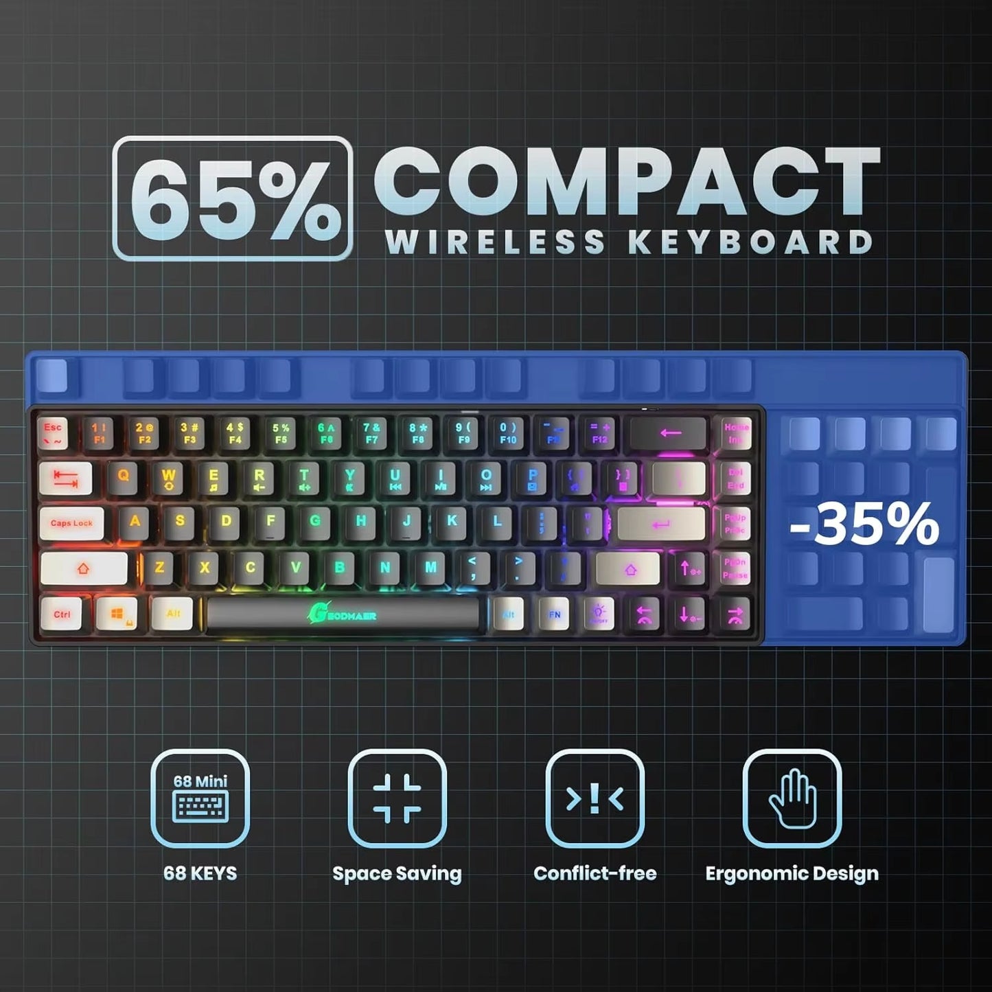 Wireless Gaming Keyboard Rechargeable Backlit Gaming Keyboard 68 Keys English/Spanish Layout 2.4G Keyboard for PC